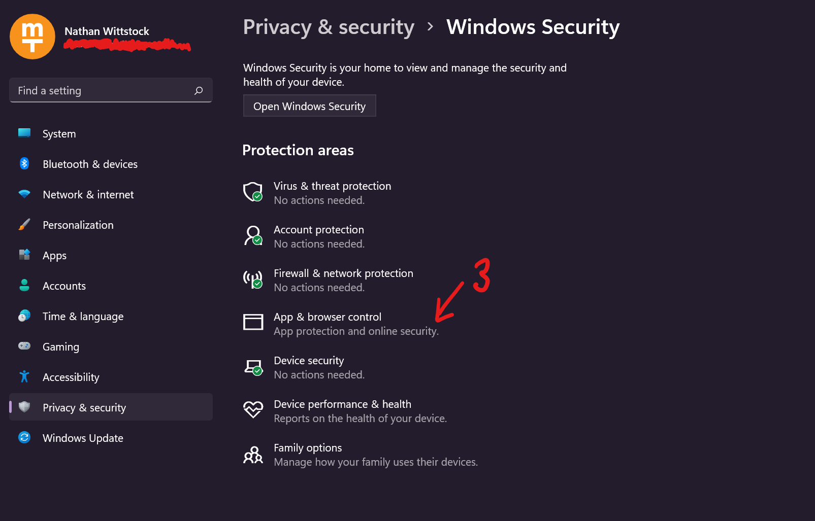 In Windows Security, click &ldquo;App & browser control&rdquo;